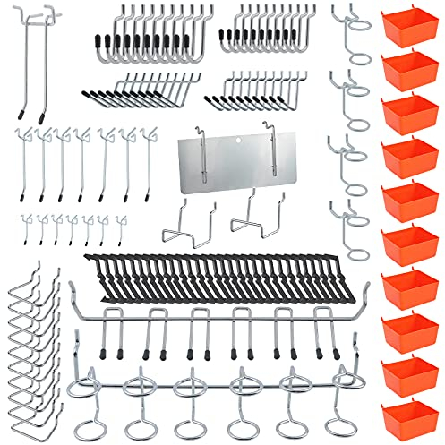 Faankiton 144PCS Assortimento di ganci per pannello forato, per organizzare vari strumenti, serrature per pioli, set di cestini per pannello forato per strumenti