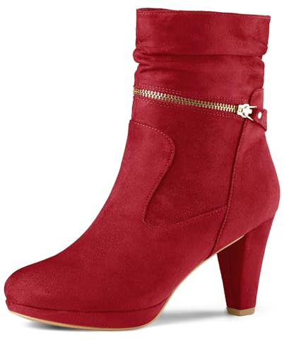 Allegra K Women's Ankle Zip Platform High Heel Mid Calf Boots Red 5.5 UK/Label Size 8 US
