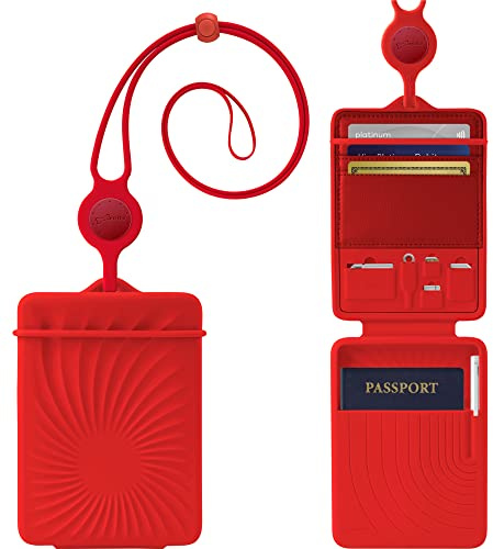 Bone Reisepasshülle mit Halsband zum Umhängen, Tragbare Reisepass Tasche, Ausweistasche für Damen Herren, Schutzhülle Tasche für Kreditkarten, Familie Reiseorganizer, mit SIM Ausdrückstift, Rot