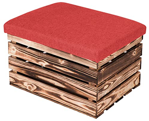 LAUBLUST Sgabello per cassa di vino - 50 x 40 x 30 cm, Marrone - Cuscino Rosso | Sgabello in legno - Per interni ed esterni - Panca portaoggetti con coperchio - Poggiapiedi