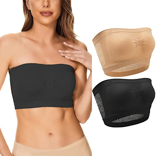 FDEETY 2 Pezzi Reggiseno Fascia Donna Elastico Non Imbottito Bandeau Rete Traspirante Tube Top (Nero e Nudo 2XL)