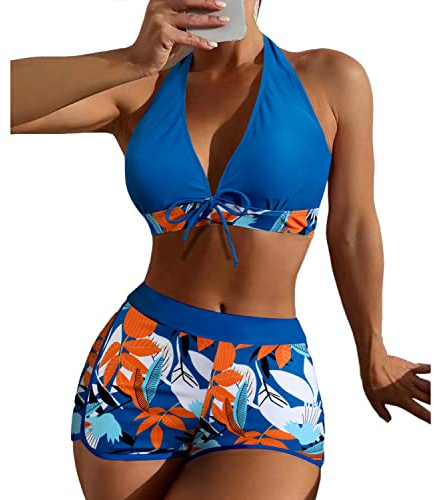 Maillot de Bain Femme 2 Pièces Bikini Dos Nu Sport Shorty Imprimé Taille Haute Bikini Set V-Cou Swimwear Haut Triangle Réglable Taille Mid Waisted Rembourré Maillot