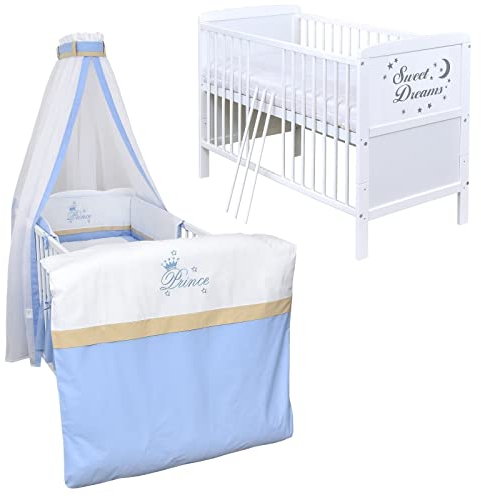 Generisch Baby Delux Babybett Komplett Set Sweet Dreams Kinderbett umbaubar zum Juniorbett weiß 140x70 Bettwäsche mehrteilig (Prince)