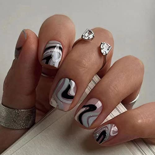 24 Stück Press on Nails Eckig Kurz, Glänzend Bunt Gewellt French Künstliche Nägel, Kunstnägel Nägel Zum Aufkleben mit Nagelkleber Aufkleber, Acryl Square Fingernägel Fake Nails für Frauen