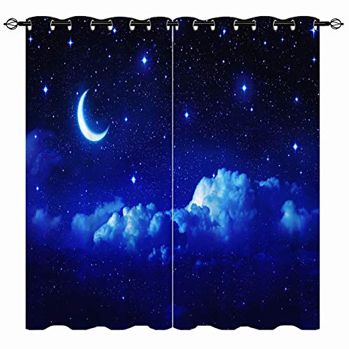 YUANZU Sternen Mond Vorhänge Sommer Blauer Nachthimmel Ösen Gardinen mit Blickdichte Vorhang Kälteschutz Blackout Curtain Kinderzimmer Schlafzimmer Verdunkelung Fenster, 2 Stück, H 160 x B 132 cm