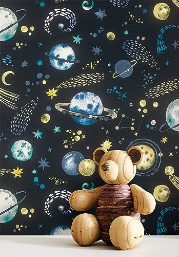 Newroom Tapete Blau Vliestapete Galaxie - Kindertapete Kinder Nachtblau Schwarz Sterne Planeten Jugendtapete Verspielt Babytapete inkl. Tapezier-Ratgeber