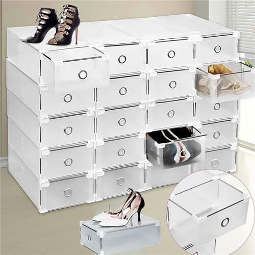 KEESUNG 20 Stück Schuhboxen, Transparenter Schuhkarton Stapelbarer Schuhkarton Schublade Schuhaufbewahrung Weiß Multifunktionale Aufbewahrungsbox mit Deckel(31 x 20 x 11cm)