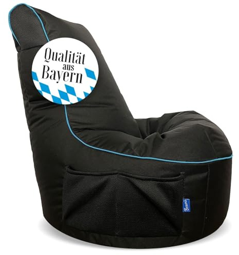 Bruni Cockpit Pouf de jeu noir, avec dossier et compartiment, convient pour l'intérieur et l'extérieur, fabriqué en Allemagne, noir/bleu