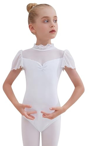 Tancefair Vestido de ballet para niñas Vestido de leotardo de ballet para niños Niños cuello en V Manga corta/larga Ropa de baile de disfraces de gimnasia con Falda de gasa White/120