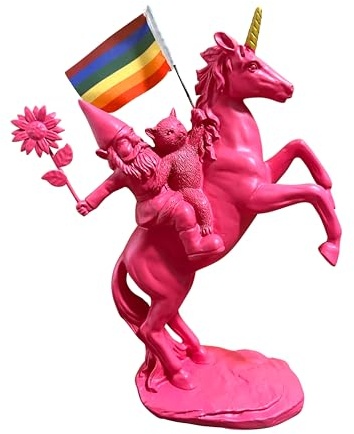 SEWAS Gartenzwerg - Einhorn - Zwerg mit Katze & Sonnenblume - handbemalt und wetterfest - hochwertiges Kunstharz - moderner Zwerg - lustiger Garden GNOME mit Regenbogenfahne - Rosa/Gold