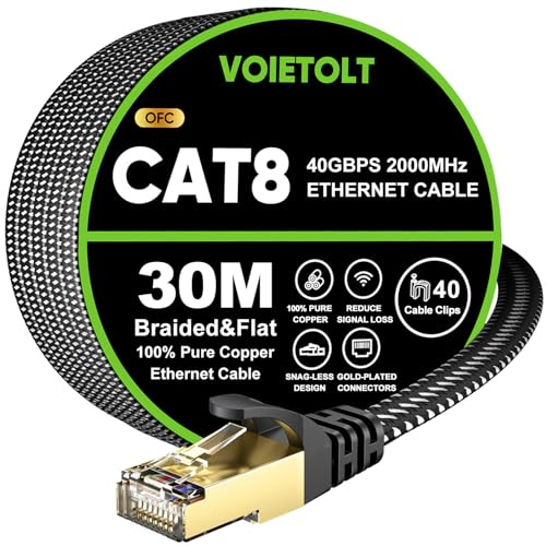 VOIETOLT Cat8 Câble Ethernet 30M,40Gbps/2000Mhz Haut Débit Plat Tresse RJ45 | Double Blindage S/FTP Gigabit RJ45 LAN Internet Câble Réseau Patch Compatible avec Routeur PS4/5, Ordinateur, Modem, PC, TV