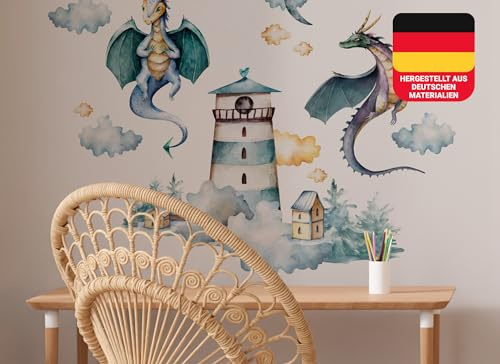 Osomhome Wandtattoo Kinderzimmer Mädchen & Junge: Drachen & Leuchtturm (110x80cm) | Kinderzimmer & Babyzimmer Deko | Wandsticker & Wanddeko Kinderzimmer | Wandaufkleber, Wall Stickers os9600