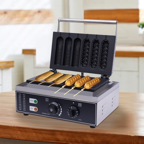 HINOPY Gofrera de acero inoxidable, 1500 W, 6 unidades de gofres en el palo, palitos para gofres de maíz, perros calientes, 50-300 ℃ para perros calientes, tortillas, pasteles crujientes, gofres