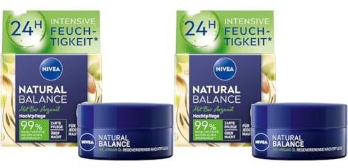 NIVEA Natural Balance regenerierende Nachtpflege (50 ml), Feuchtigkeitsscreme mit Bio Arganöl, Jojoba- und Mandelöl, pflegende Nachtcreme für jeden Hauttyp (Packung mit 2)