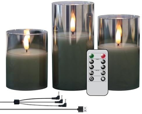 Eldnacele Wiederaufladbare LED Kerzen mit Fernbedienung Timer, flammenlose Kerzen im Glas, batteriebetriebene Stumpenkerzen, langlebige graue Echtwachs USB Kerzen (Ø 7,5 cm x H 10, 13, 15 cm)