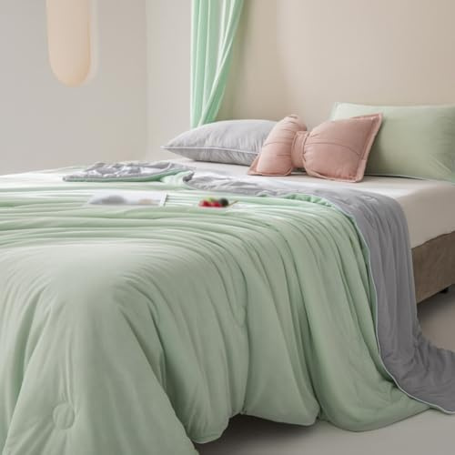 Duntäcke som sovfilt, mjuk bekväm mikrofiber dubbelsidig sommarfilt – antiallergiskt ventilerande tvättbart täcke Duvet, säng vuxen vår och höst (grön grå, 150 x 200 cm)