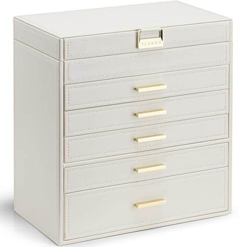 VLANDO 6 Layer Large Jewelry Box - Jewelry Holder Organizer, Jewelry Box Organizer for Drawer Necklace Ring Bracelet and Watch, Birthday Gift for Loved Ones - Beige