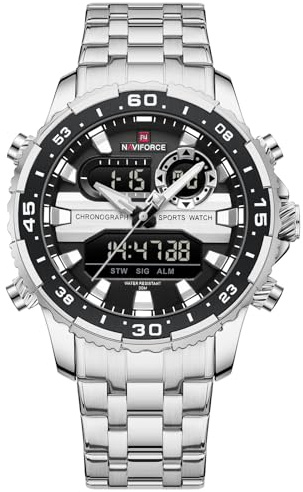 NAVIFORCE Orologio da uomo di lusso, in acciaio inox, analogico, digitale, al quarzo, impermeabile, alla moda, cronografo, militare, multifunzionale, Argento, giapponese