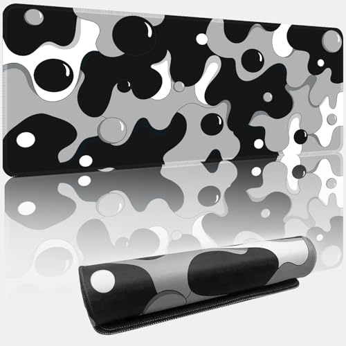 Black White Grey Bubble XL Mouse Pad,Thicken Waterproof Large Cool Gaming Mousepad with Stitched Edge,Anime Cool Geometric Spotted Dog Mousepad Non-Slip Base Mouse Keyboard Mat 800x300x3mm
