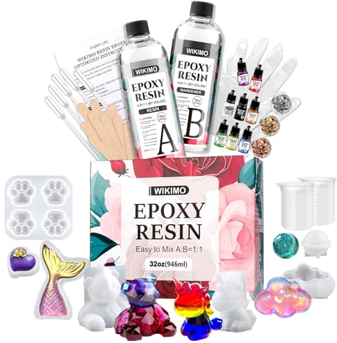WIKIMO Epoxidharz 946ml/32oz, Transparent 1: 1-Verhältnis Epoxidharz Set Anfänger mit Silikonformen und Zubehör, Epoxy Resin, Gießharz, für Holz, Künstlerische Kreationen, Restauration