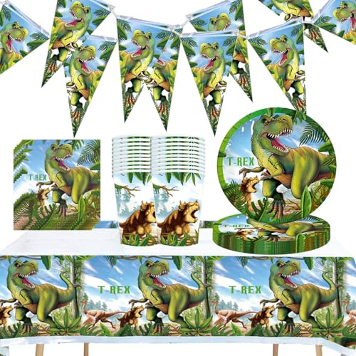 Tyrannosaurus Rex Dinosaurie Jurassic tema barnfödelsedag festservis 71 stycken pappersmuggar, tallrikar, dukar, pappersservetter, triangulära flaggor, för pojkar temafest