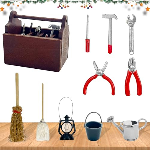 Wichtel Zubehör Set,1/12 Miniatur Werkzeugkasten,11 Stück Wichtel Zubehör Weihnachten,Miniatur Wichtel Zubehör,Mini Holz Werkzeugkiste mit Werkzeug, für Personen ab 15 Jahren