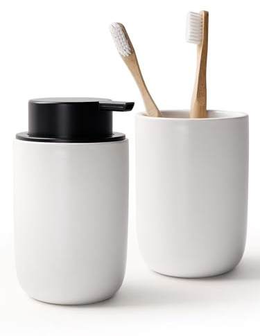 Bosilunlife Distributeur de savon et porte-brosse à dents – Distributeur de savon en mousse de 325 ml avec pompe en céramique pour salle de bain – Ensemble d'accessoires de salle de bain blanc
