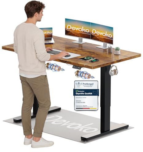 Devoko Höhenverstellbarer Schreibtisch mit 2 Motoren，25mm Einteilige Tischplatte, 140x70 cm Mobiler Elektrisch Computertisch mit Kabel Management, Vintagebraun - Perfekte Ergonomie für Dein Büro