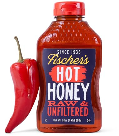 Fischer's Hot Honey - Miele crudo non filtrato al 100% con peperoncino piccante, bottiglia da spremere da 680,4 g, miele piccante per pizza, barbecue, pollo arrosto, formaggio, insalate, cocktail