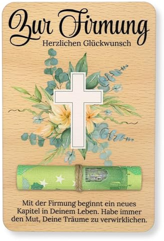 ZUKLA Verpackung für Geldgeschenke zur Firmung - 15 x 10 cm - Firmungsgeschenke für Mädchen & Jungen - Geldgeschenkverpackung - Firmungskarte Holz - Kleinigkeit zur Firmung