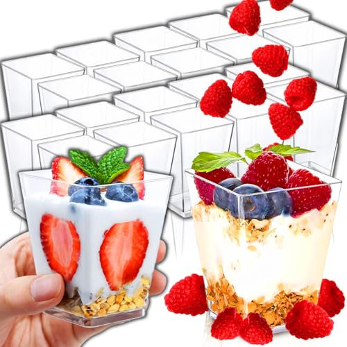 Retoo Juego de 20 tazas de postre, 160 ml, vasos de postre, cuencos de postre transparentes, reutilizables, tazas de postre cuadradas, vasos trapezoides para el hogar, postres, pudín, mousse, helados,