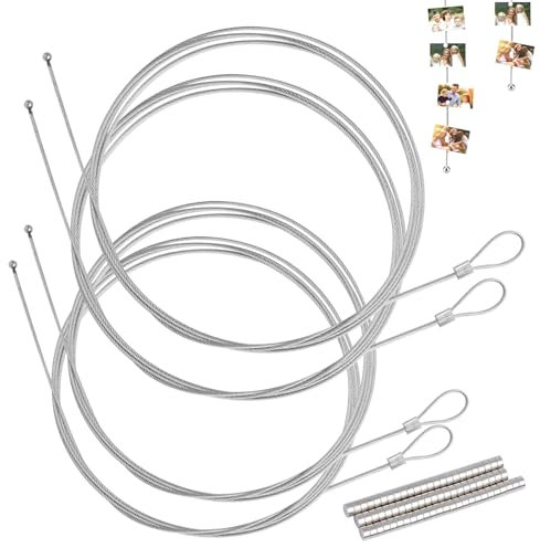 DXLing 4 Stück Fotodrahtseil mit 72 Magneten Fotoseil 200cm x 1.5mm und 250cm x 1.5mm Fotoschnur Fotodraht mit Magneten zum Aufhängen von Fotos Postkarten