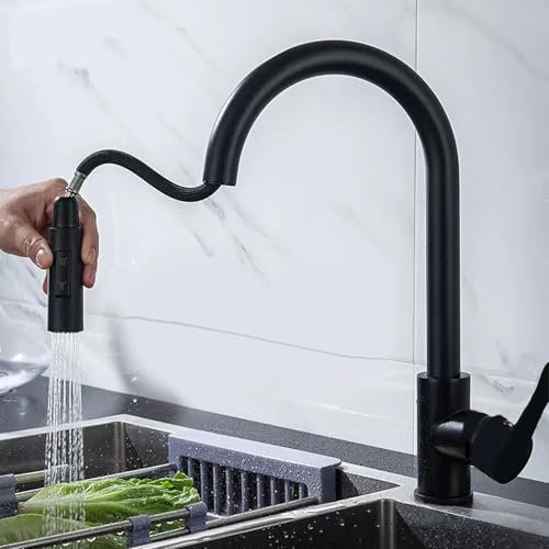 XWIHTR Robinet de cuisine amovible rétractable, robinet de cuisine pivotant à 360 °, mélangeur de cuisine 2 modèles en acier inoxydable, mélangeur d'évier de cuisine haute pression (noir)
