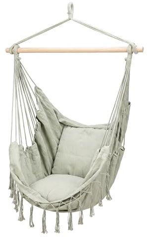 GEEZY Hammock Swing Chair – Indoor & Outdoor Green Hanging Chair with Wooden Spreader Bar, Comfortable Cushioned Seat, Cotton Blend Fabric – Sensory Swing for Living Room, Bedroom, Garden & Patio