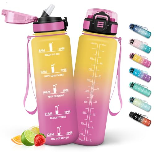 HoneyHolly Botella Agua 1 Litro, Botella Agua Gimnasio sin BPA con Marcador de Tiempo, Plastico Cantimplora Deportiva Motivacional, con Pajita, Cantimplora para Gimnasio, Colegio, Bicicleta