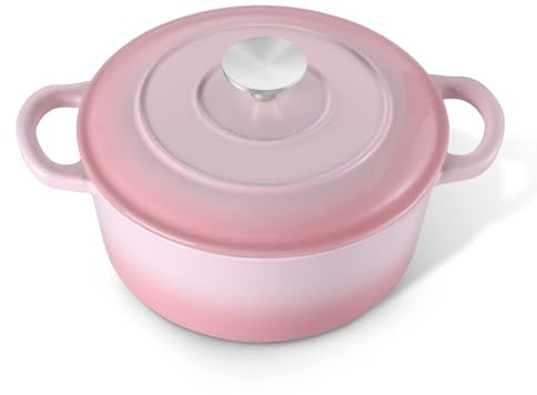 E-far 3 Qt Enameled Cast Iron Dutch Oven with Lid, Small Round Nonstick Dutch Oven Pot for Bread Baking Braising Stews Roasting Cooking, Heavy Duty, Induction & Oven Safe - Pink