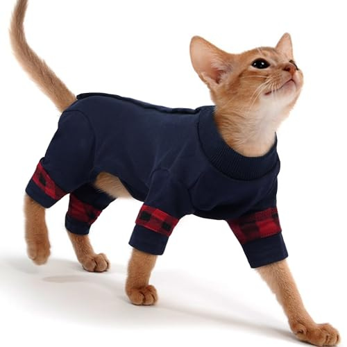 PUMYPOREITY Easy-On Cat Shirt, Soft Stretchy Cat Sweater with Back Snap for Easy Wear, Breathable Recovery Suit for Surgery Recovery, Lightweight Pajamas for All-Day Wear, M, Blue