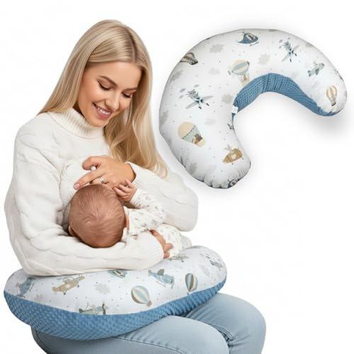 Cojin Blando Bebe,100% Algodon Organico,Almohada para bebé, Lactancia, Cojin Baby en Forma de U, Suave,Hipoalergenico, Transpirable, Industria España (Globos Pirinins)
