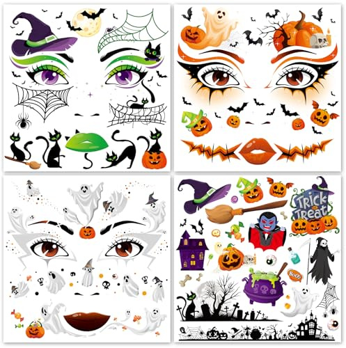 HOWAF 4 Bogen Halloween Tattoo Gesicht, Kürbis, Hexe, Geist, Spinne, Fledermaus Temporäre Tattoos Gesichtstattoo Karneval Face Tattoo für Halloween Kostüm, Karneval Fasching Kostüm, B