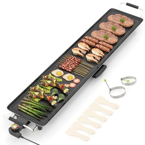 TANGZON Electric Teppanyaki Grill, 1800W Non-Stick Barbecue Grill with Adjustable Temperature, 6 Spatulas & 2 Egg Rings, Table Top BBQ Hot Plate Griddle (116x24cm, Dual-Zone, Die-casting Aluminum)