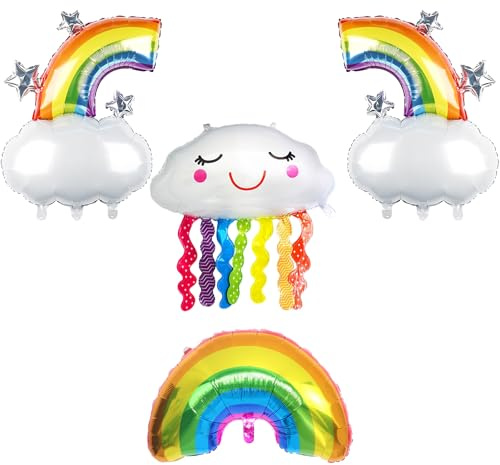 DazzJoy 4 Stück Wolken Regenbogen Luftballons, XXL Ballon Regenbogen Deko Kindergeburtstag, Wolken Deko Folienballon Geburtstag, Lächelnde Quasten Luftballons für Geburtstag Baby Shower Party Deko