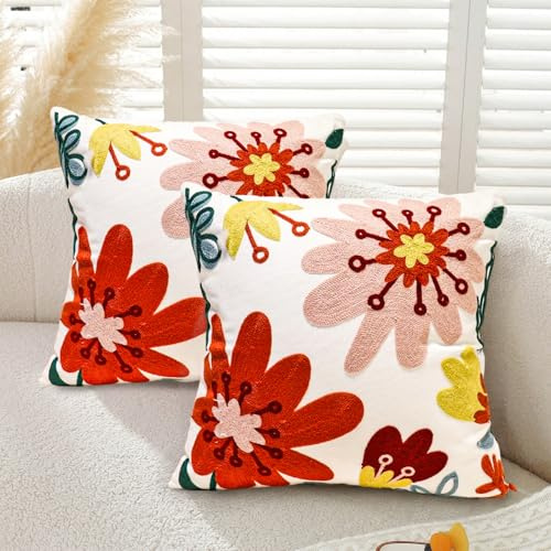 Gemdoit Pack of 2 Embroidered Flower Cushion Covers 45 x 45 cm, Embroidered Floral Decorative Pillow Covers for Home Living Room, Couch, Bed and Sofa Decor (Pattern H)