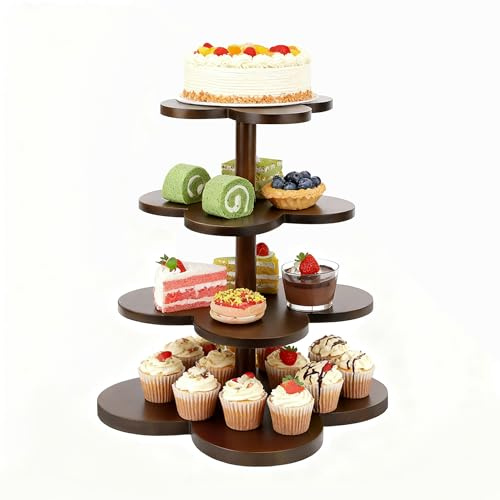 Alzatina per Dolci in Legno A 4 Livelli, SHAIDOJIO Supporto per Cupcake A Forma di Fiore di Prugna, Alzata per Torte, Alzata per Dolci per Compleanni Matrimoni Feste di Laurea Tè Pomeridiano Party