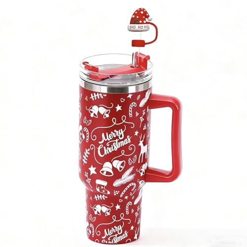 40oz Christmas Tumbler with Handle and Silicone Straw Lids, Stainless Steel Travel Coffee Mug, Xmas Gifts for Women Men, Merry Christmas Cup for Car Cup Holder Friendly, Large Red Water Bottle