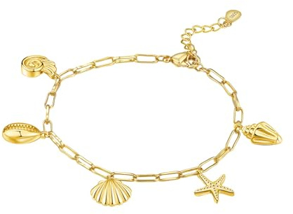 MISEFF 18 Karat vergoldetes Sterling Silber Armband mit Meeresmotiven, verstellbar Muschel Seestern Muschelschnecken-Gliederkette für Damen.