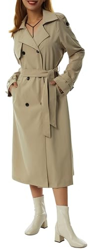 Anuedgis Women's Double Breasted Long Trench Coat Classic Lapel Belted Slim Windproof Overcoat with Belt Fall Going Out Windbreaker Outerwear (A-Khaki, M)