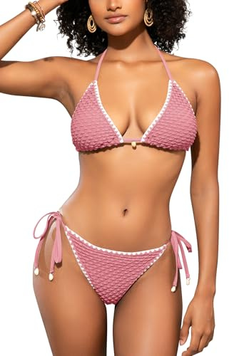 SHEKINI Women Triangle Bikini Sets 2 Pieces Halter Neck Swimming Costume | Low Waisted, Tie Sides Bottom, Sexy Tanga Swimsuits, Brazilian Cut