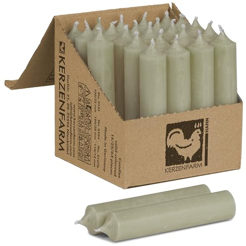 Kurze Stabkerzen Eukalyptus Grün - 25 Stück 100 x 22 mm durchgehend gefärbt - Spitzkerzen aus Deutschland, Kerzenfarm Hahn - Unparfümierte und RAL-Zertifizierte Tafelkerzen Salbeigrün