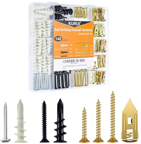 KURUI Self Drilling Drywall Anchors Assortment Kit 140Pcs, 30 Sets Heavy Duty Plastic Expansion Anchor and 40 Sets Drywall Grip Anchors and Screws, for Hanging Wall Decor,Picture Frames,Shelves