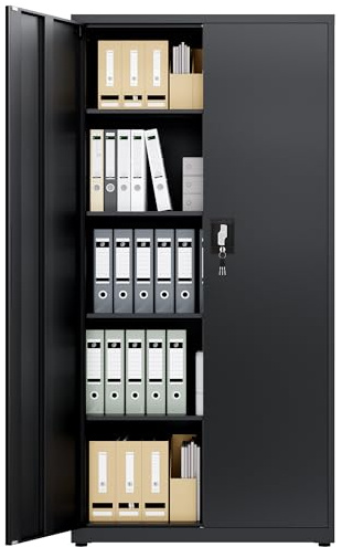 LAND·VOI Armadio in Acciaio 5 Ripiani con Serratura Ripiani Regolabili Ante a Doppia Porta Armadio per Ufficio Mobile in Metallo per Ufficio Garage Cucina Officina (Nero, 80×40×181.5 cm)